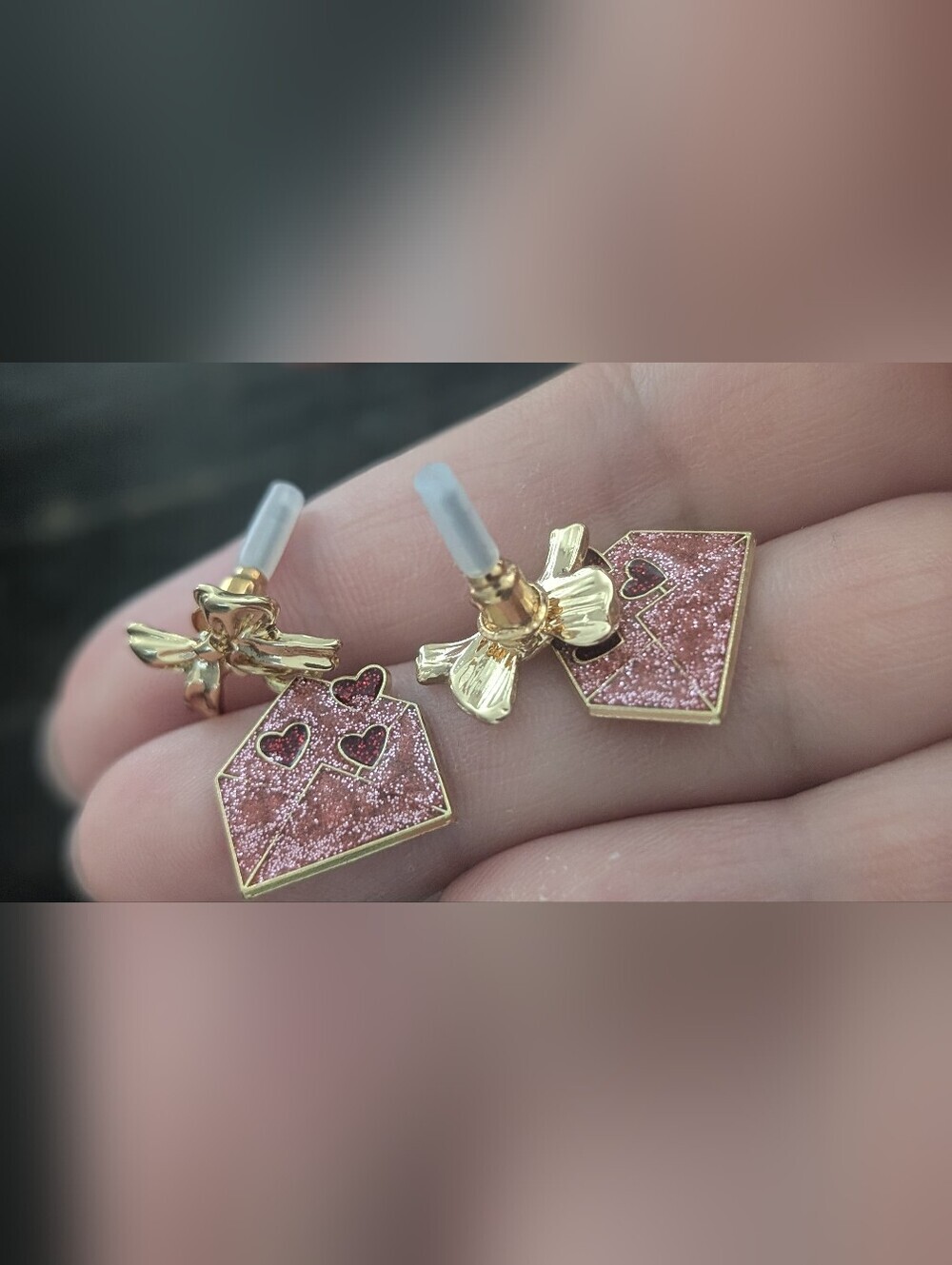Coquette Bow Stud Earring , Enameled Heart Love Envelop Dangle Ear - Picture 7 of 8